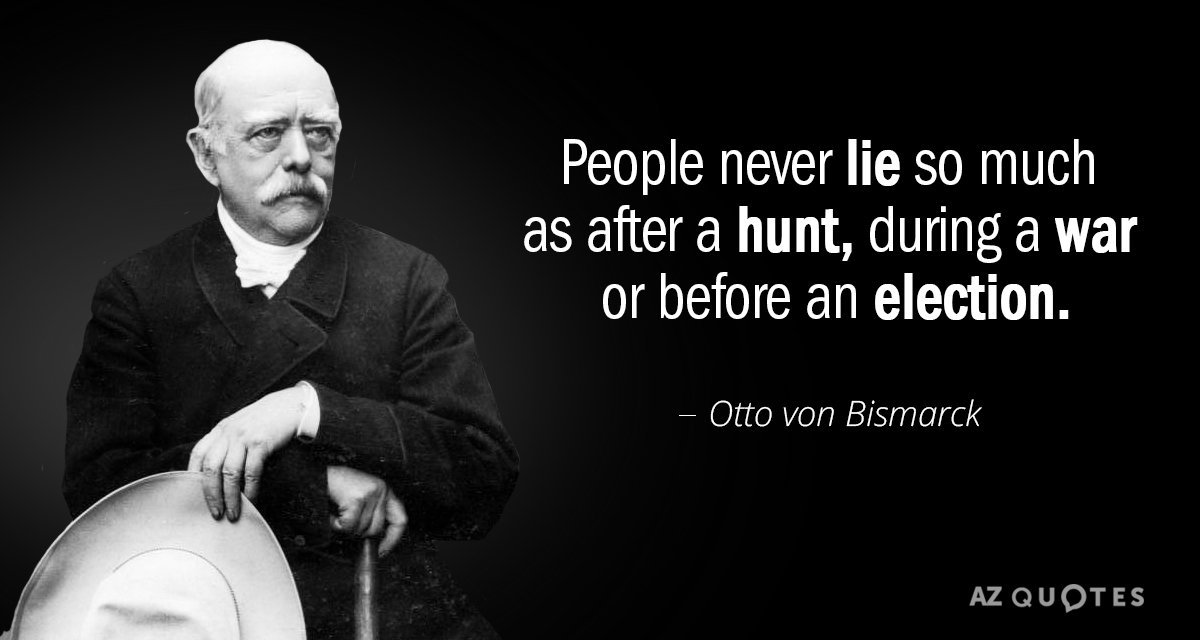 Cita de Otto von Bismarck: La gente nunca miente tanto como después de una cacería, durante una guerra...