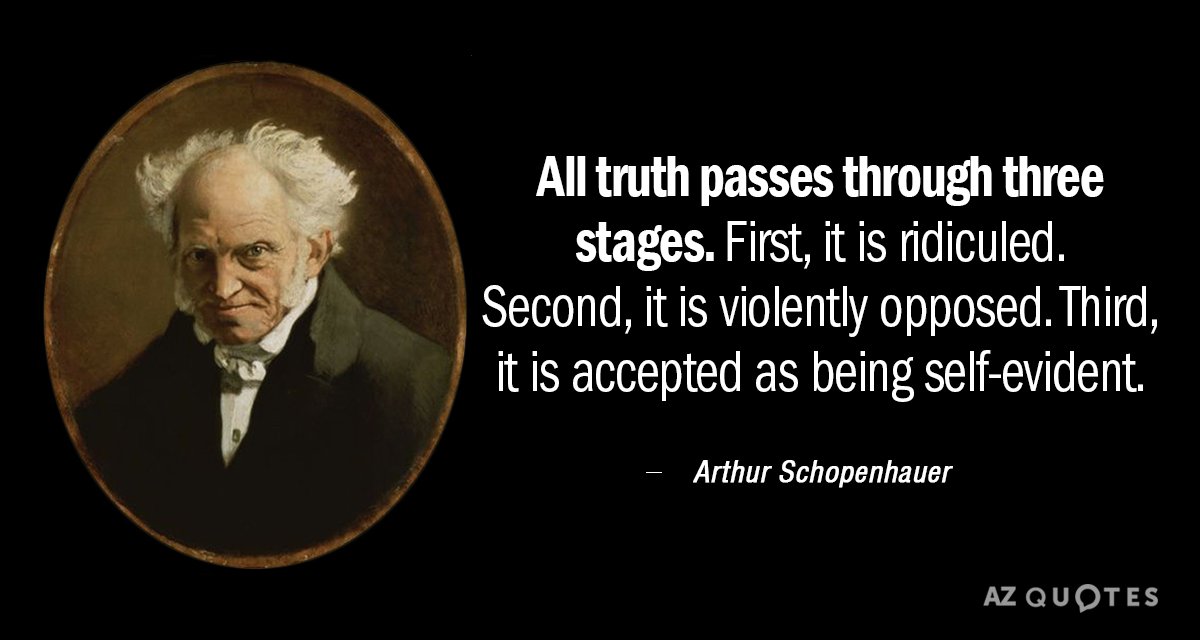 Arthur Schopenhauer cita: Toda verdad pasa por tres etapas. Primero, es ridiculizada. En segundo lugar, es...