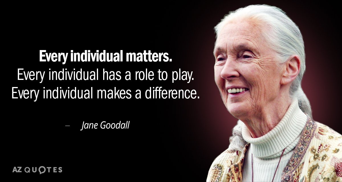 Cita de Jane Goodall: Cada individuo es importante. Cada individuo tiene un papel que desempeñar. Cada individuo hace...