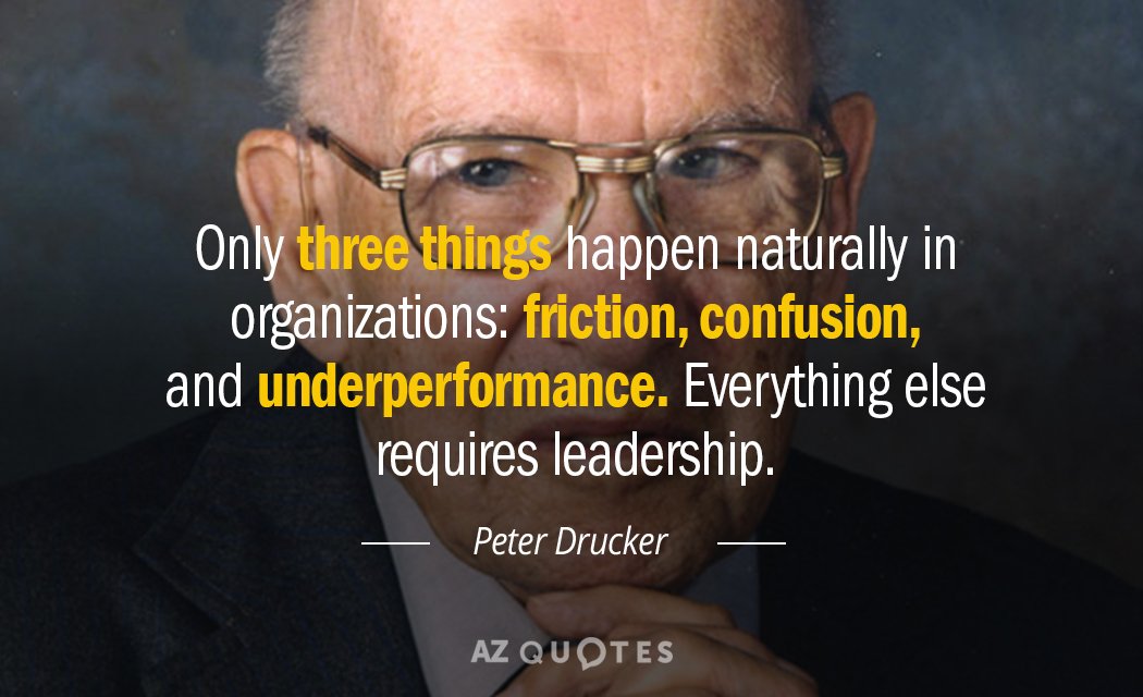 Peter Drucker cita: En las organizaciones sólo ocurren tres cosas de forma natural: fricción, confusión y bajo rendimiento. Todo lo demás...