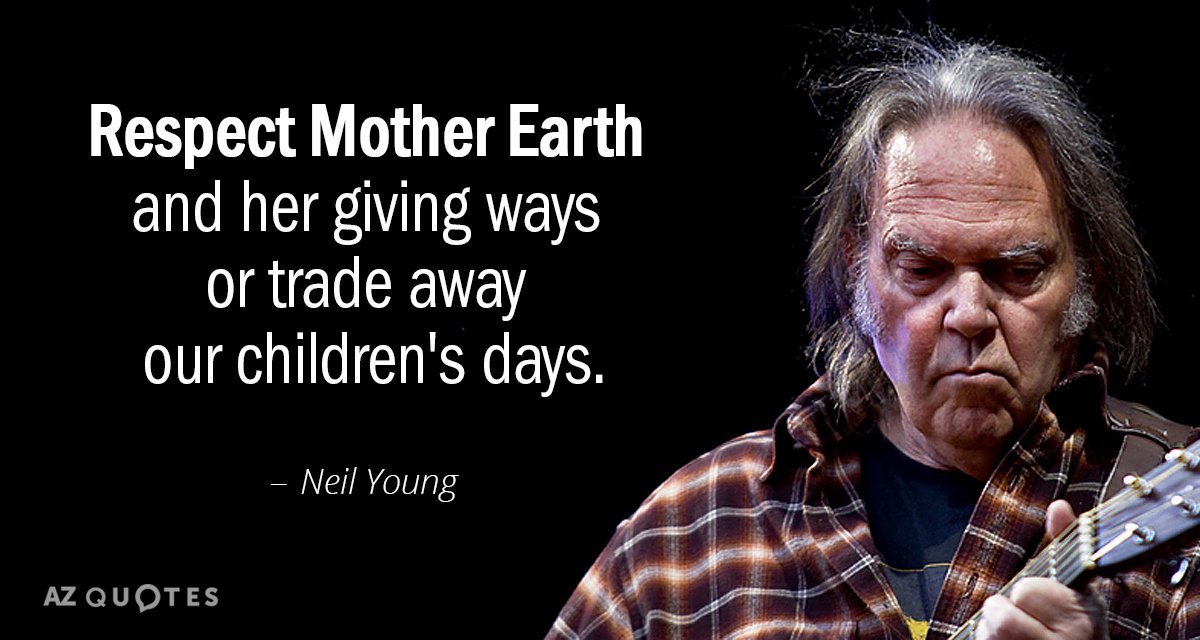 Cita de Neil Young: Respeta a la Madre Tierra y su generosidad o regala los días de nuestros hijos.